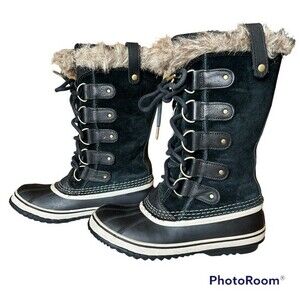 Sorel Joan of Arctic Tall Lace Up Winter Rain Boots Black Suede Size 8